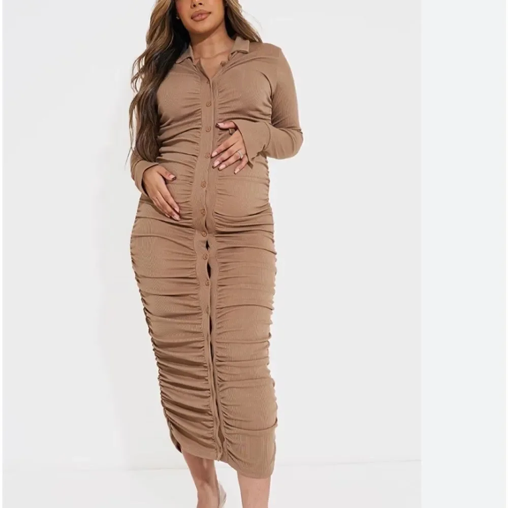 Pretty Little Things Maternity Stone Ruched Midaxi Dress Khaki Color 4 NWT in Pk